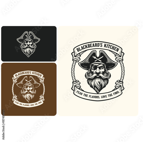 Vintage hand-drawn logo of one-eyed pirate with beard crossed fork and knife behind head nautical rope circle engraving style minimalist colors restaurant vector logo design.