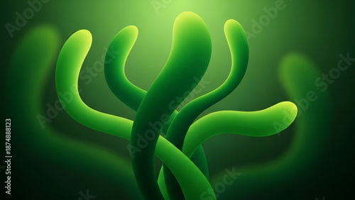 A vibrant green vector graphic illustration of a stylized microorganism or cell with glowing light effects