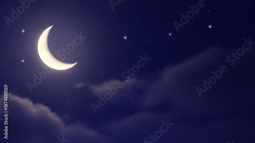 A serene night sky with a crescent moon shining brightly among the stars and clouds