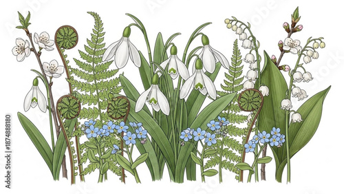 A beautiful vector illustration of various spring flowers and green leaves on a white background