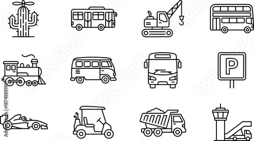 Black and White Vector Line Art Icon Set Featuring Transportation and Vehicles Including Bus Double Decker Train Crane Dump Truck Parking and Cactus