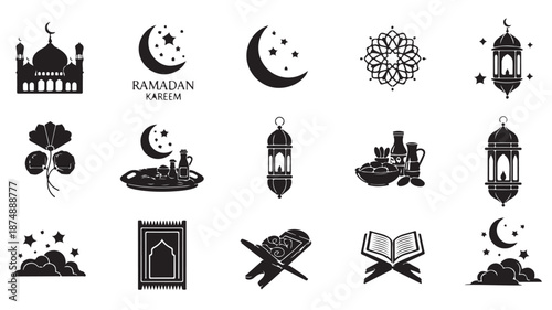 Ramadan Kareem Icons Set with Mosque, Crescent Moon, Lanterns and Quran