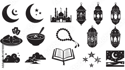 Ramadan Icons Set with Mosque, Lanterns, Crescent Moon and Prayer Beads, Holy Book and Food