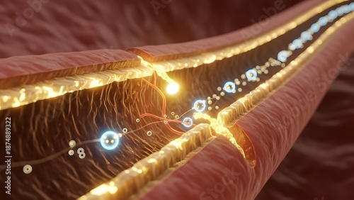 Microscopic view of nerve impulse transmission along a myelinated axon neuron myelin sheath