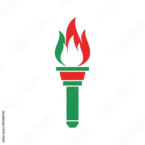 Stylized torch with red green flames on white background, symbol of victory