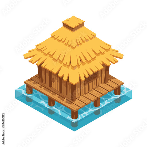 Charming isometric vector illustration of a traditional tropical stilt hut with a thatched roof, gracefully standing over clear blue water, embodying a peaceful summer vacation paradise
