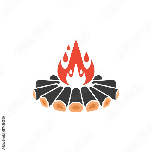 Campfire with burning logs and red flames outdoors primitive heat source