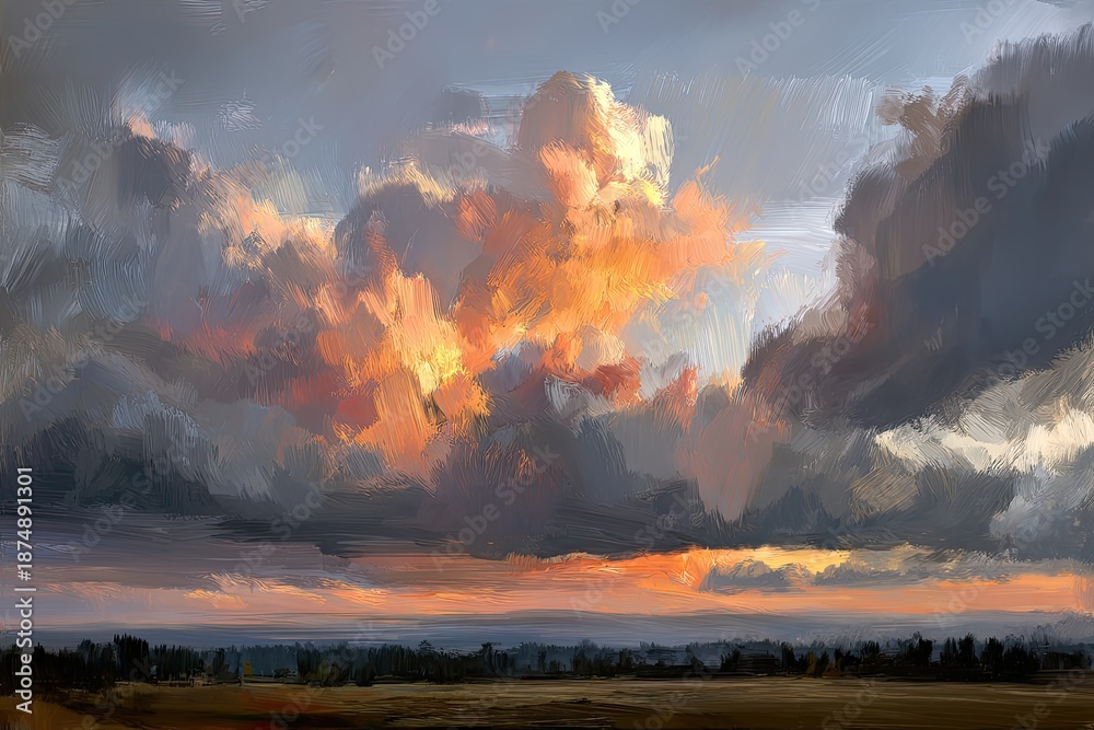 Naklejka premium Dramatic sky with vibrant orange clouds over distant landscape