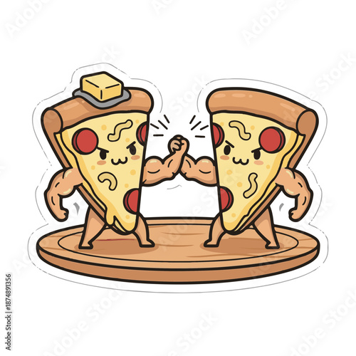 Creative illustration of two pizza slices arm wrestling on a wooden board, representing a fun food competition or a playful food concept, with a butter pat on one slice