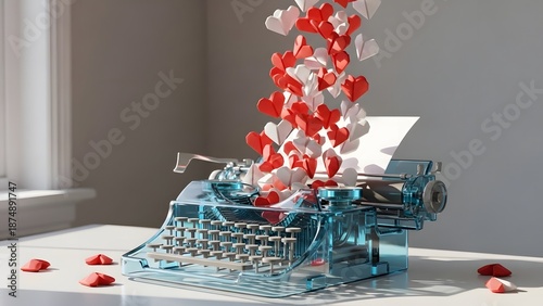Transparent blue typewriter with red and white paper hearts falling out red hearts white hearts