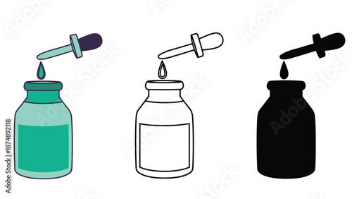 Three different colored dropper bottles with liquid and pipettes on white background