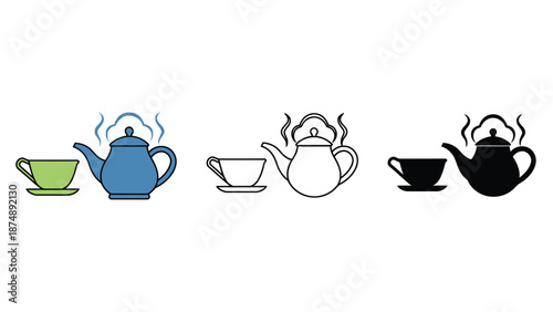 A set of colorful tea kettle and cup illustrations in different styles