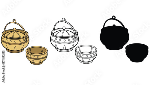 A set of six different colored and styled pots and bowls on a white background