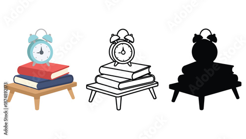 An illustration of alarm clocks sitting on stacks of books in different colors and styles