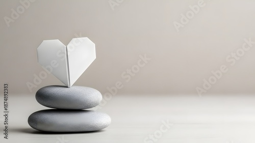 White origami heart balanced on stacked smooth grey stones paper