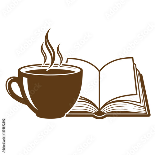 Drawing Vintage Brown coffee cup with steam and open book on white background  relaxing morning scene