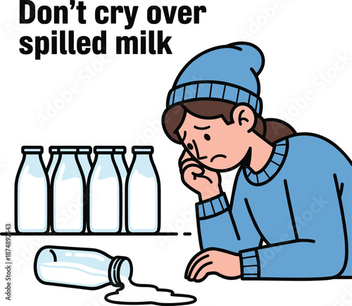 Sad Woman Looking at Spilled Milk Bottle, Literal Metaphor for Don’t Cry Over Spilled Milk, Concept of Resilience, Regret, and Keeping Perspective Vector Illustration