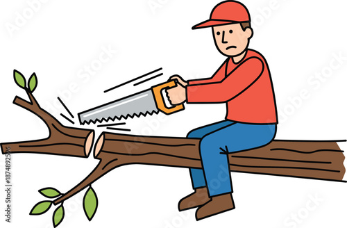 Man Sawing Off the Tree Branch He Is Sitting On, Concept of Self-Sabotage and Poor Planning, Whimsical Idiom Metaphor and Human Error Vector Illustration