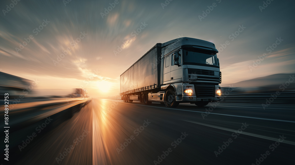 Obraz premium Express delivery expedition with cargo trucks speeding on the highway.