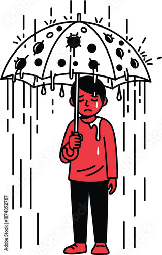 Sad Character Holding Broken Umbrella with Holes in the Rain, Concept of Vulnerability, Failed Protection, and Emotional Overwhelm, Whimsical Minimalist Metaphor Vector Illustration