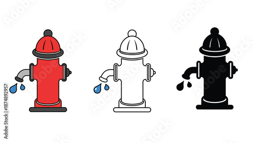 Three different colored fire hydrant icons with water dripping from them