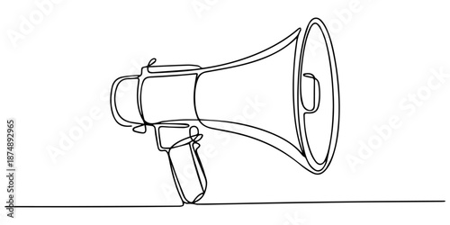 Megaphone in one line art style. Drawing of a bullhorn with an editable black stroke on a white background. Vector illustration, One Continuous Line Drawing of Announcement Icon. Single Line Vector