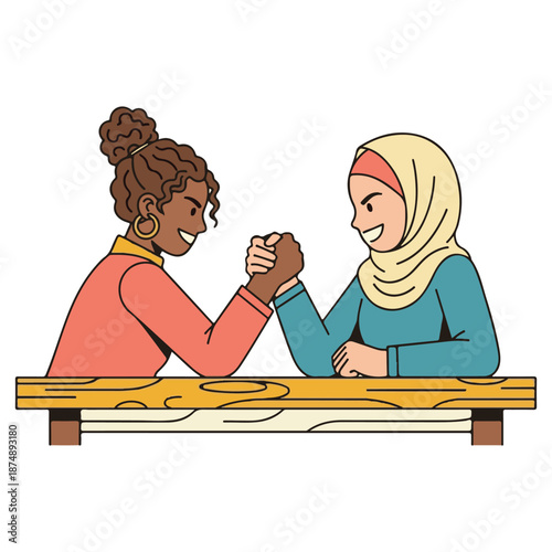 Diverse women arm wrestling, symbolizing strength, equality, and cultural exchange