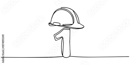 labour day continuous one line drawing, Single one line drawing safety helmet above the big number 1. Put on the project helmet, hurry up to celebrate Labor Day. Claiming rights. Freedom. May Day.