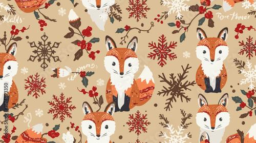 Vector template featuring a seamless Christmas pattern with fabric motifs, adorable fox animals with white fur and black noses, holly twigs adorned