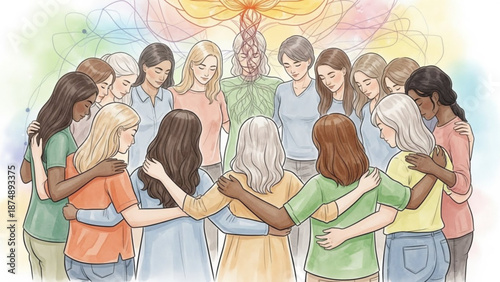 A diverse group of women standing in a circle with their arms around each other in a symbol of unity and support