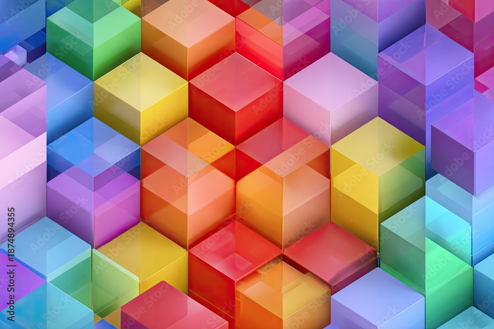 Obraz premium Geometric composition featuring colorful, transparent, three-dimensional cubes arranged in a repeating pattern