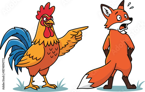 Bold Rooster Pointing at Startled Fox, Concept of Confrontation and Standing Your Ground, Whimsical Animal Humor and Role Reversal Vector Illustration