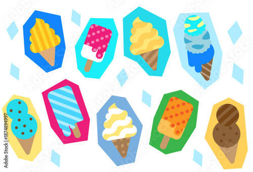 いろいろなアイスクリームが並んだポップなイラストセット