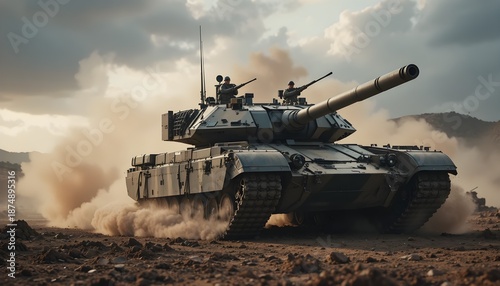“Modern Military Battle Tank Advancing on Battlefield with Dust and Smoke, Heavy Armored Vehicle, Ground Combat Power, War Technology, Defense Forces, Tactical Warfare and Army Strength Concept”
