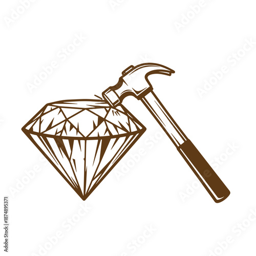 Drawing Vintage Brown illustration of a hammer hitting a diamond on white background  symbolizing strength and resilience