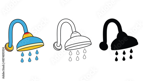 Three shower heads in different colors and styles on a white background