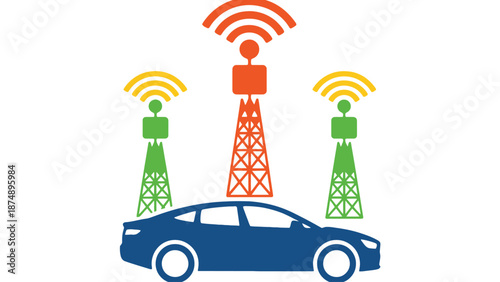 A blue car with colorful cell towers and WiFi signals around it