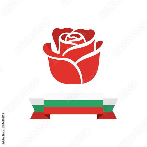 Bulgarian flag colors rose emblem with ribbon and laurel leaves