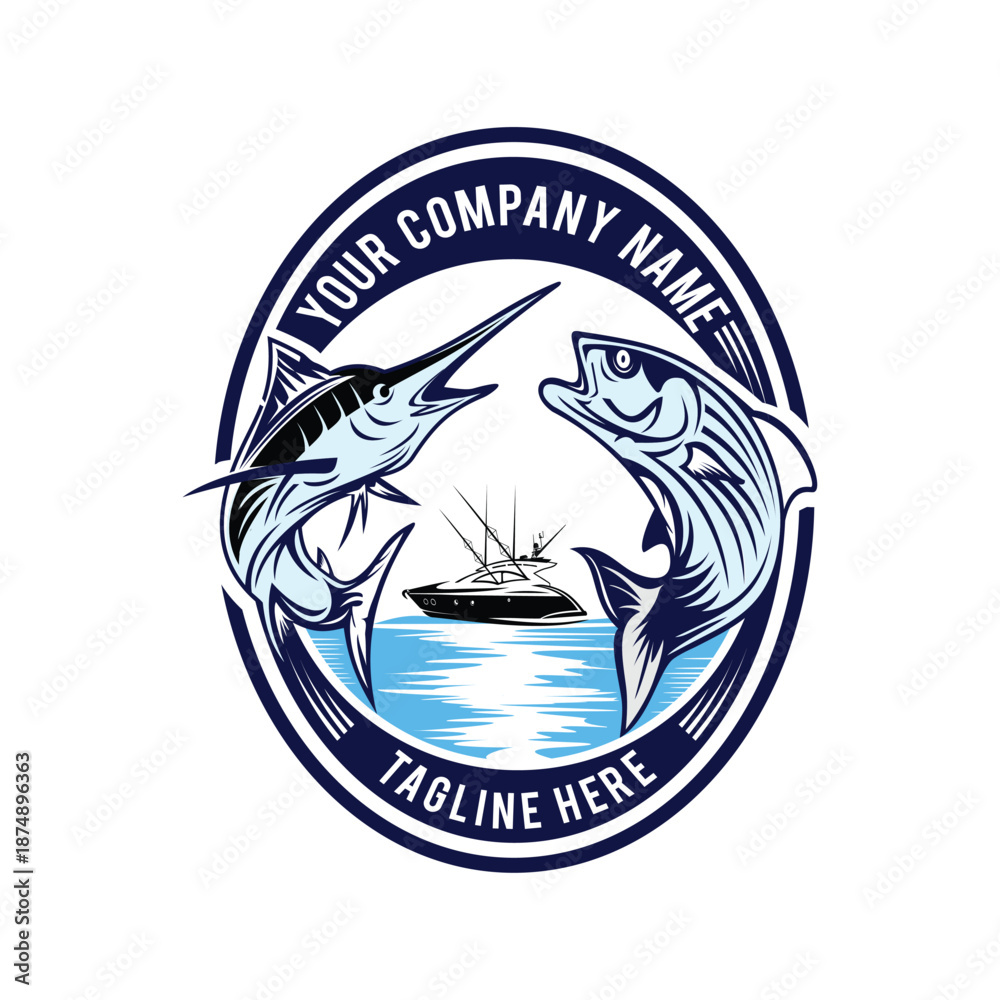 Obraz premium Fishing Emblem Logo with Marlin and Bass Fish Illustration