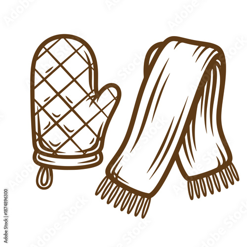 Drawing Vintage Brown illustration of a winter mittens and scarf set for cold weather  warm clothing for frosty days