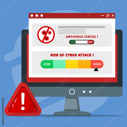 Cyber security warning illustration showing antivirus status, malware detection, and high cyber attack risk on computer screen. Showing virus threat and hacking danger.