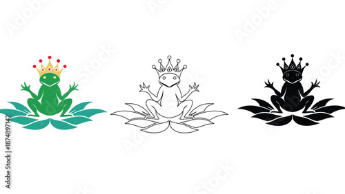 A set of three frog illustrations in different colors and styles sitting on lotus flowers with crowns