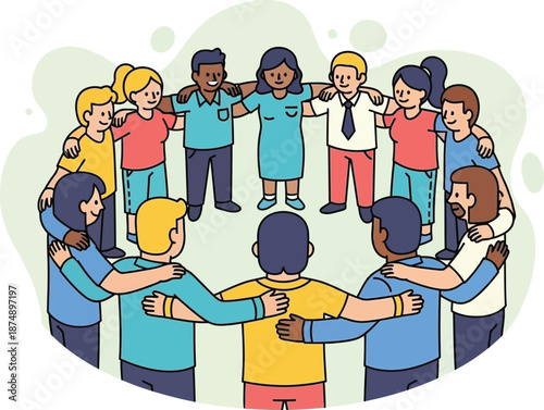 A diverse group of multicultural people standing in a circle with arms around each other representing unity and teamwork