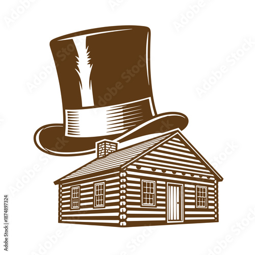 Drawing Vintage Brown illustration of top hat on log cabin  rustic home with chimney and windows  old fashioned dwelling with headwear
