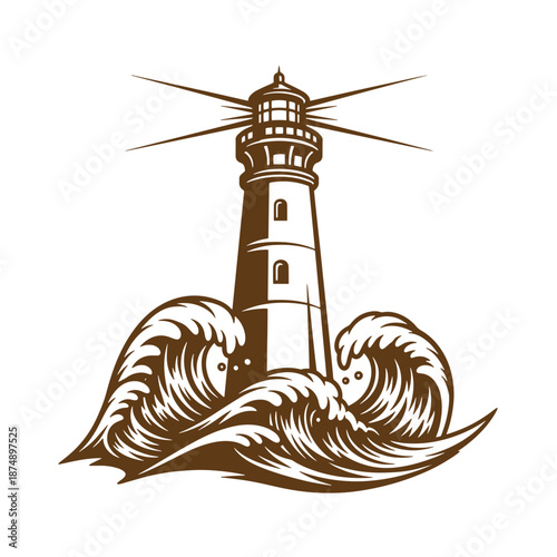 Drawing Vintage Brown lighthouse standing tall on rocky shore with crashing waves around it  a symbol of guidance and safety