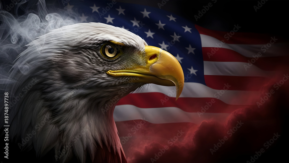 Obraz premium American bald eagle head in front of a smoky united states flag background with a dramatic and intense patriotic theme