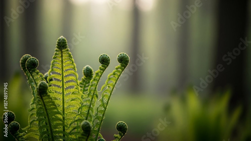A close-up of a fern plant with curled up fronds in a forest with blurred background