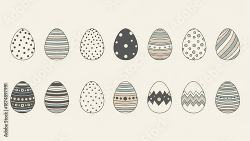 A set of decorated Easter eggs in a minimalist vector illustration style