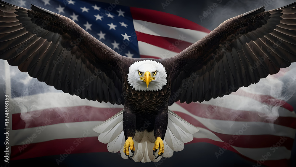 Naklejka premium Bald eagle flying in front of a waving american flag with a dramatic sky background