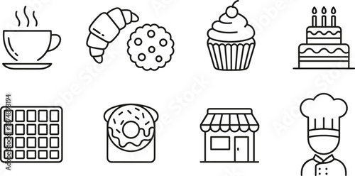 Set of bakery and cafe linear icons featuring coffee, croissant, cupcake, birthday cake, donut, waffle, and chef.